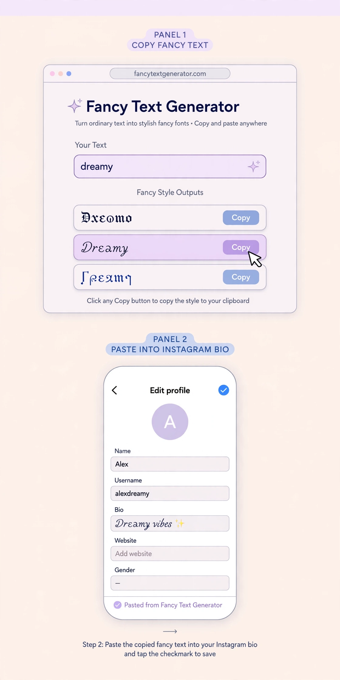 Step-by-step: type text in the FontGenies generator, then paste the aesthetic font into an Instagram bio