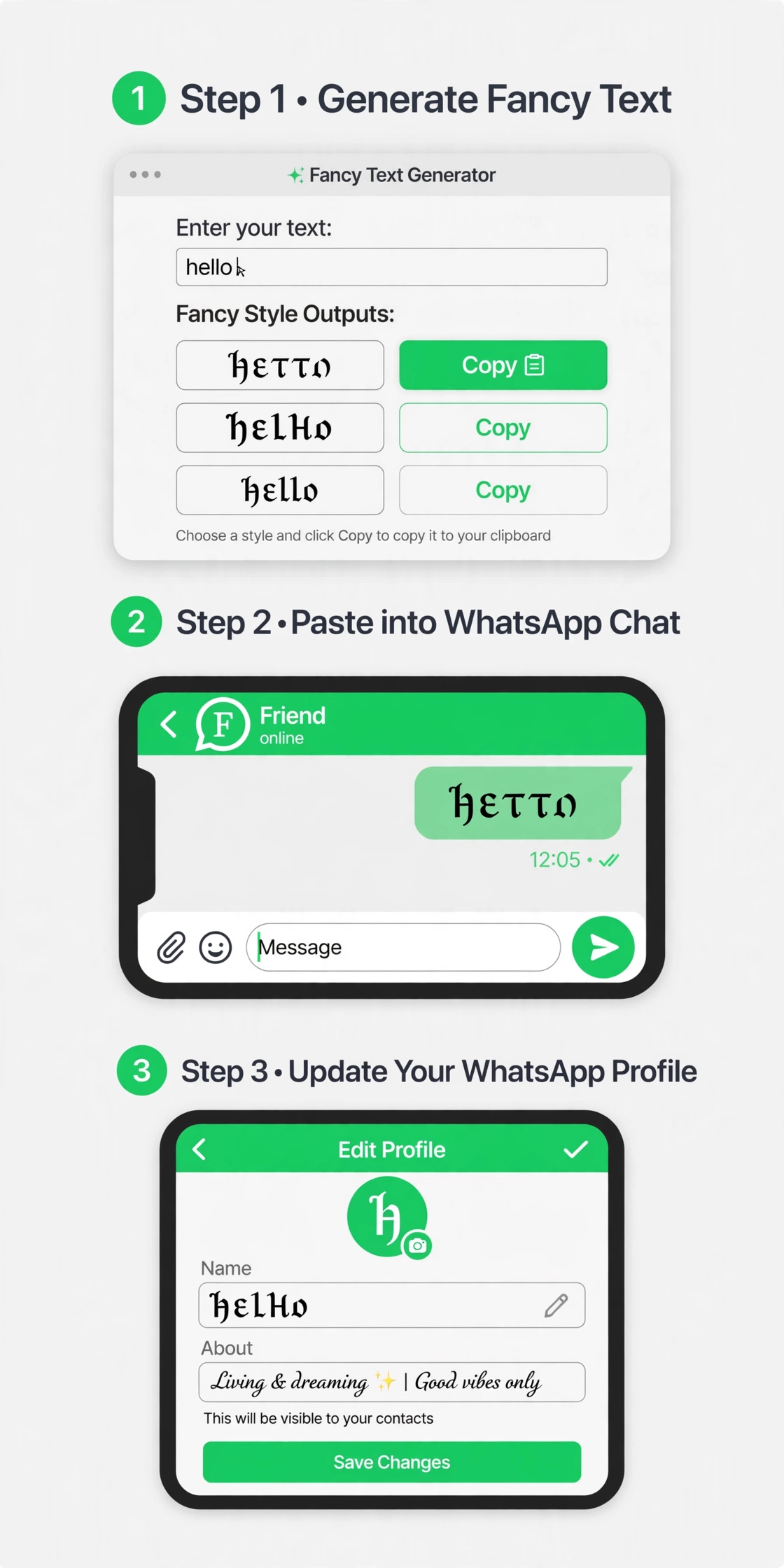 Step-by-step: generate stylish text on FontGenies, paste into WhatsApp chat, and style your profile name